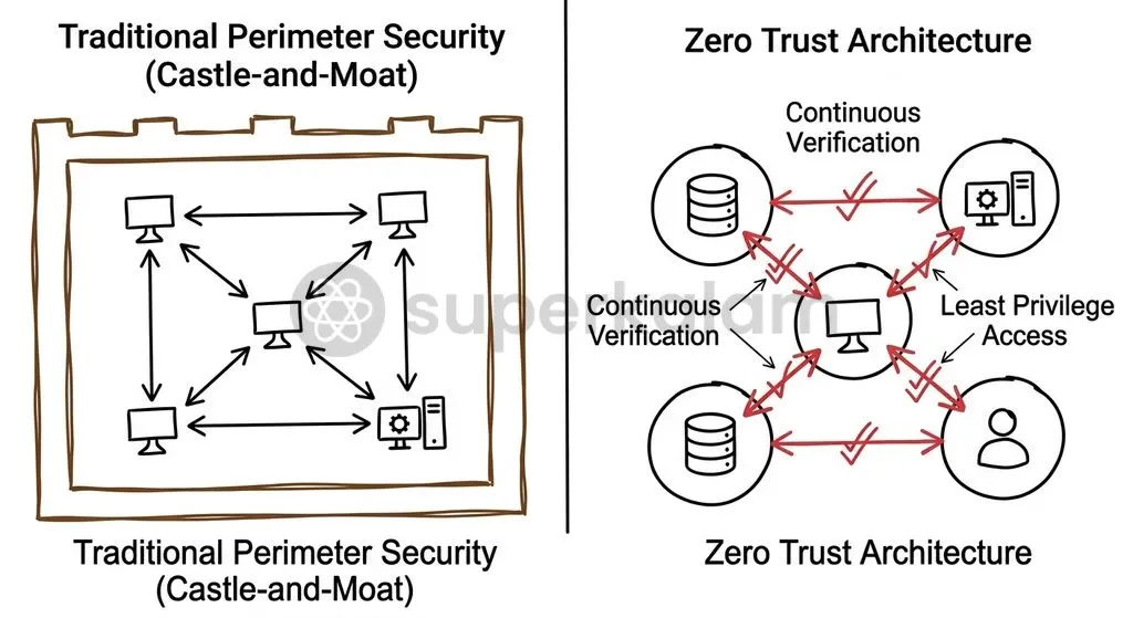 Transitioning to Zero Trust Architecture: replacing castle-and-moat perimeter defense with continuous identity authentication, micro-segmentation, and least-privilege access.