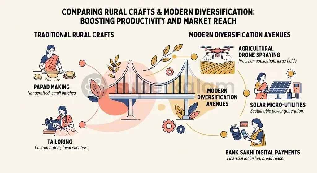 Diversifying into precision agriculture drones and digital banking sakhis breaks the market saturation of traditional home trades.