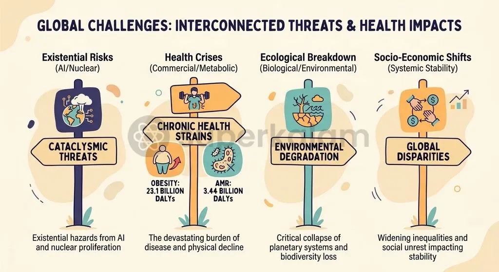 The Lancet Commission classifies catastrophic health threats across extinction risks, commercial drivers, environmental shocks, and socio-economic gaps.