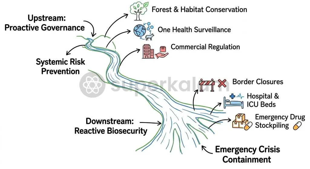 Reactive biosecurity addresses downstream symptoms through containment, whereas planetary health regulates upstream ecological and commercial drivers.