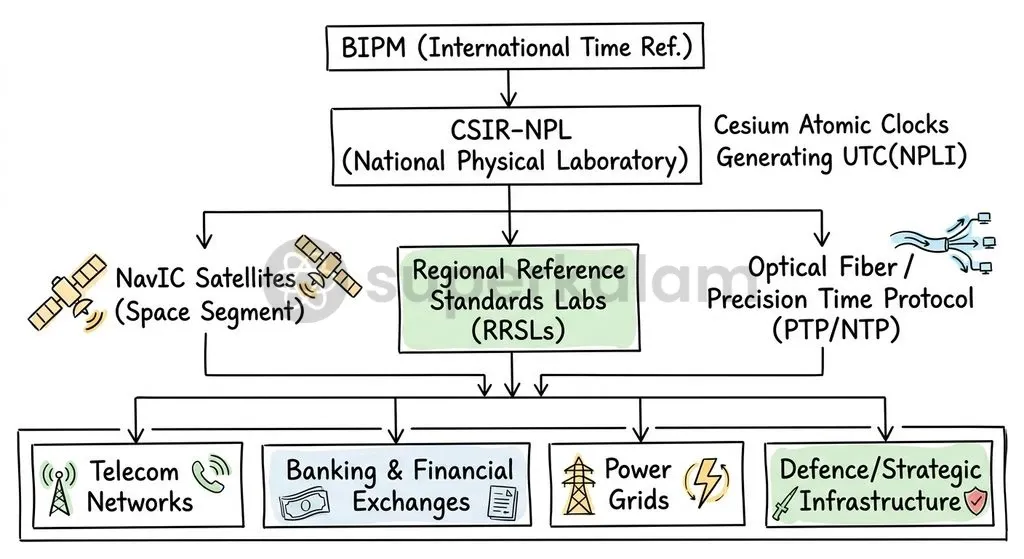CSIR-NPL maintains UTC(NPLI) using Cesium atomic clocks, linked internationally to BIPM and disseminated nationally through NavIC and optical networks.