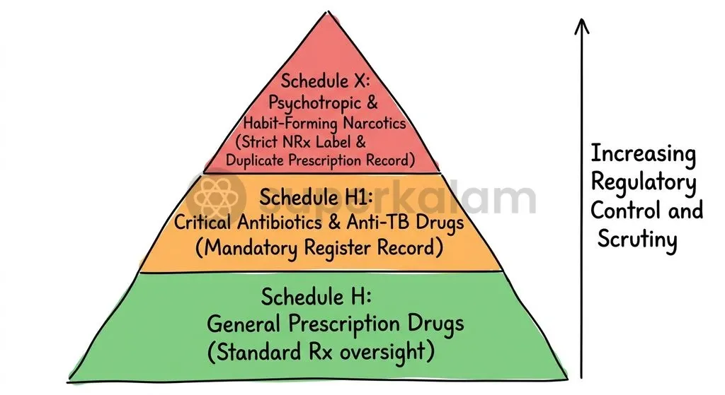India's drug regulatory framework classifies prescription medicines into hierarchical schedules based on clinical potency and abuse potential.