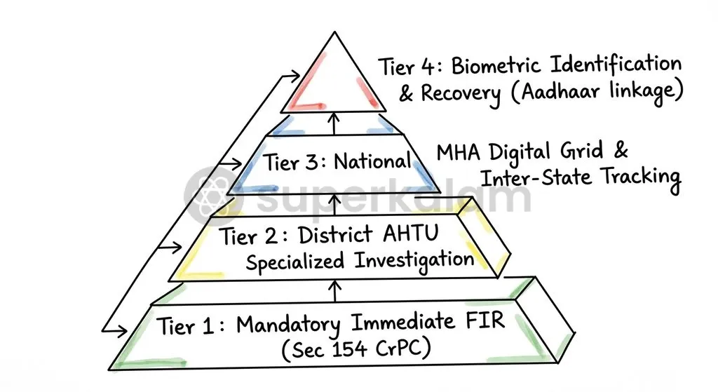 Core institutional pillars mandated by the Supreme Court to track missing persons and combat human trafficking networks.