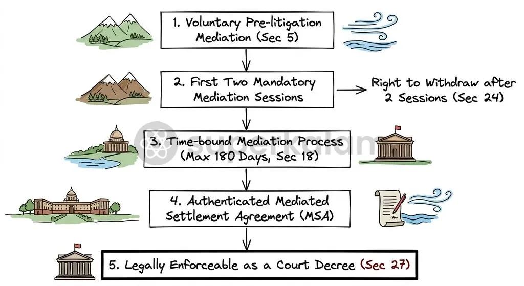 The statutory roadmap under the Mediation Act, 2023 balances time-bound progression with voluntary exit safeguards.