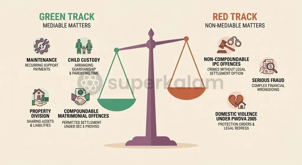 Clear statutory boundaries divide compoundable matrimonial disputes from non-mediable criminal offences and domestic violence proceedings.