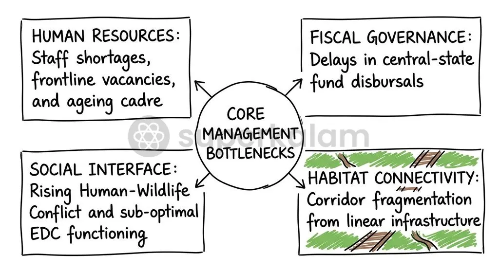 Underperforming reserves face interlocking challenges spanning staffing shortages, funding bottlenecks, and severed wildlife corridors.