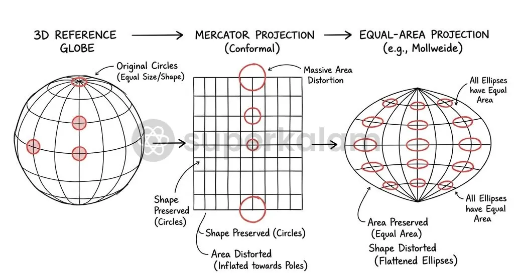 Tissot's indicatrix demonstrates how geometric distortion alters circle shapes and surface areas across different projection surfaces.