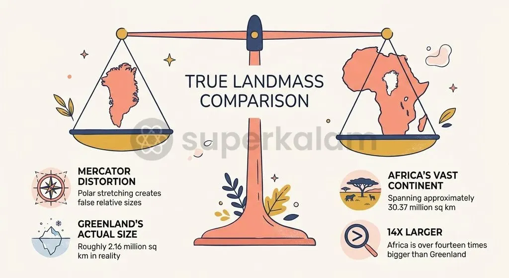 The Mercator projection distorts polar landmasses, depicting Greenland and Africa as similar in size despite Africa's fourteen-fold greater area.