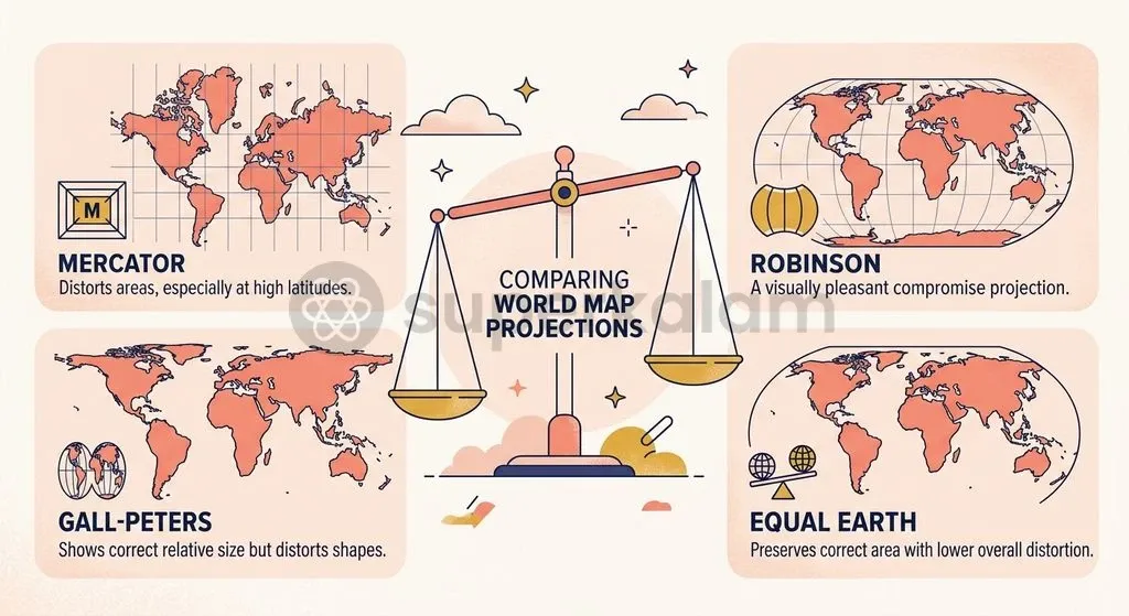 Different map projections strike distinct visual compromises between preserving true continental area and maintaining recognizable landmass shapes.