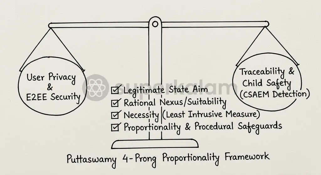 Reconciling intermediary traceability with constitutional privacy requires balancing state enforcement aims against the Puttaswamy proportionality test.