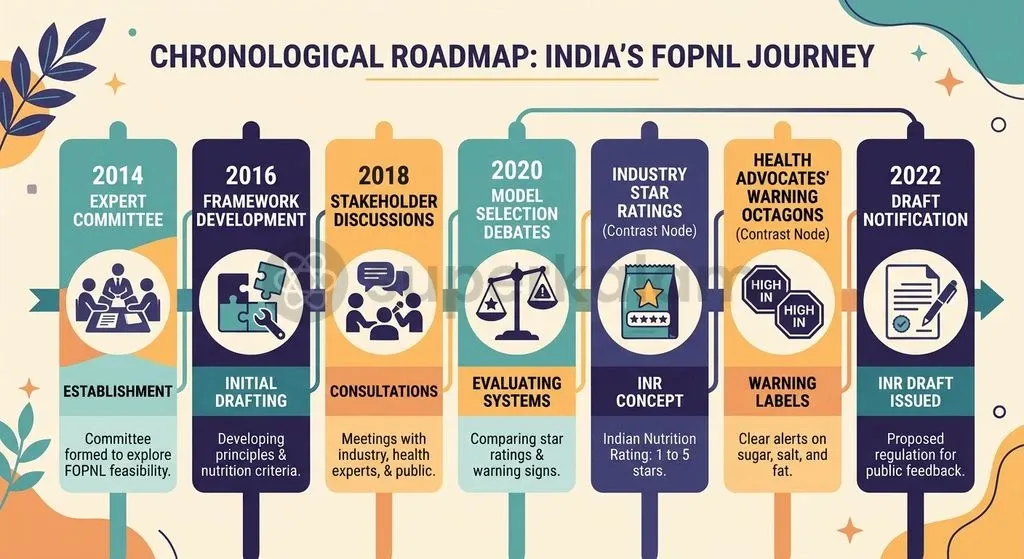 The prolonged evolution of India's Front-of-Pack Nutritional Labelling regulations and the debate between star ratings and warning labels.