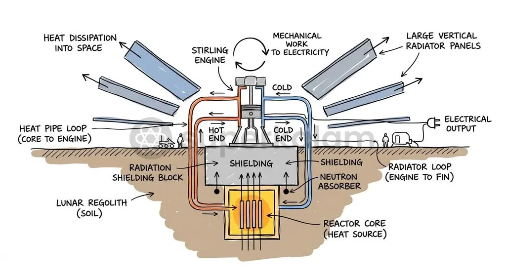 A closed-loop power conversion cycle and radiative heat rejection enable compact fission reactors to operate efficiently in a lunar vacuum.