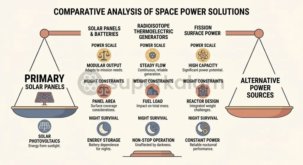 Fission surface power provides the high continuous wattage necessary for permanent bases, outperforming solar and RTGs in severe environments.