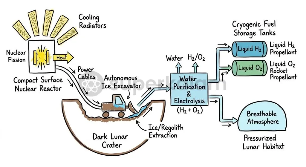 Fission reactors provide the high baseload energy needed to extract polar water ice and manufacture cryogenic propellants.