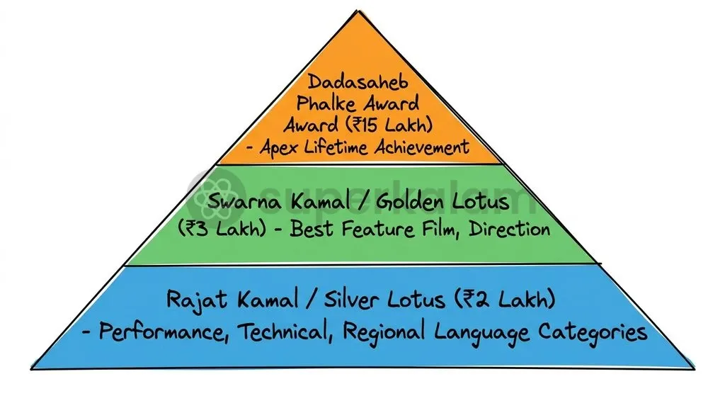 The tier system categorises honours into Swarna Kamal, Rajat Kamal, and the lifetime Dadasaheb Phalke Award.