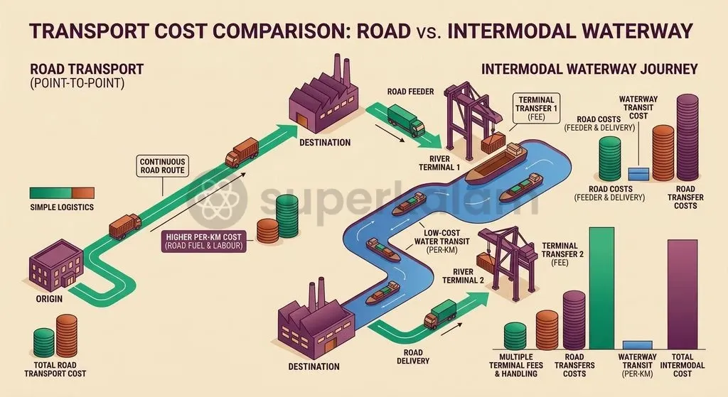 While river barges cut line-haul transit costs, multi-modal terminal handling and last-mile trucking can eliminate the overall price advantage.