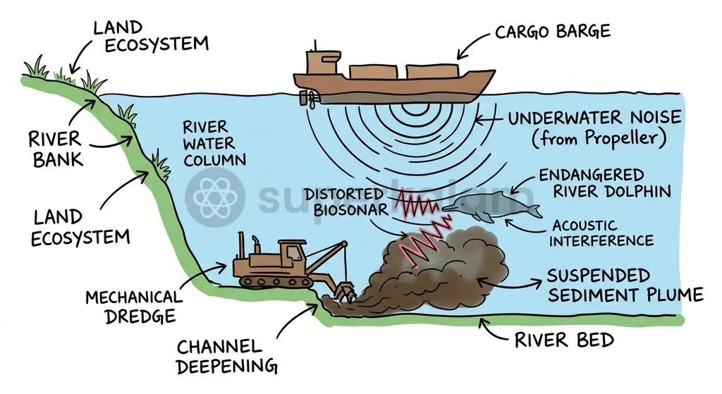 Capital dredging and commercial vessel traffic introduce turbidity and acoustic interference to riverine ecosystems.
