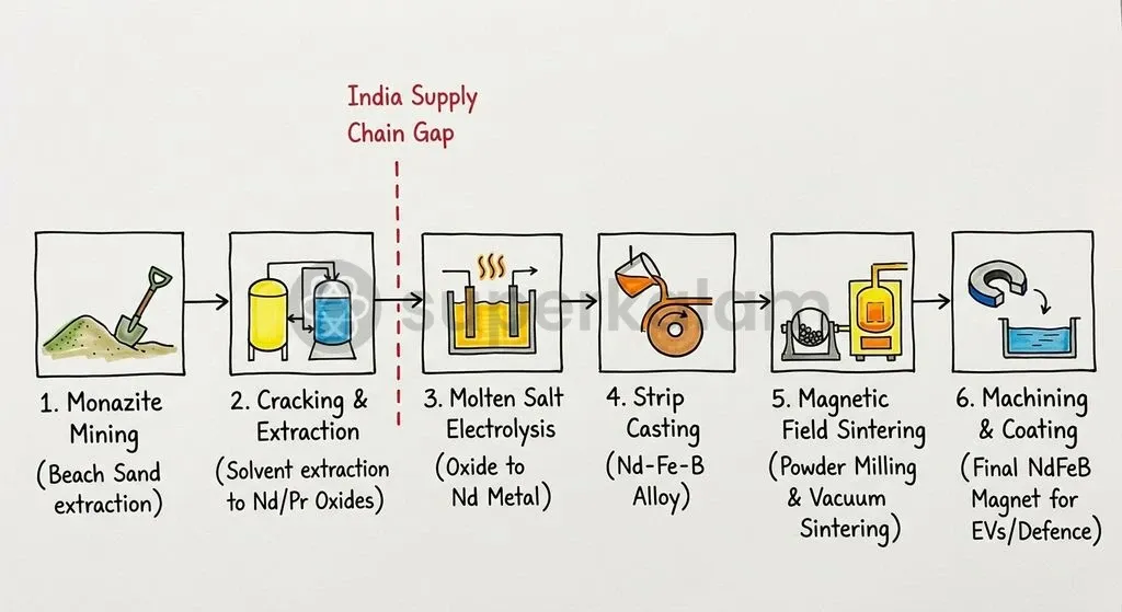 The six distinct processing stages required to convert raw monazite beach sands into precision-machined sintered NdFeB permanent magnets.