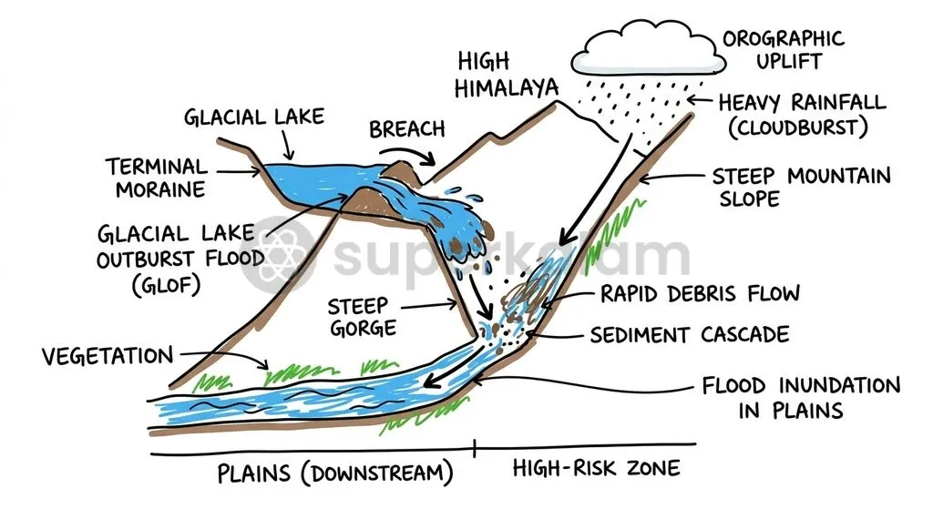 Steep topography and intense orographic precipitation in the young fold mountains of the Himalayas generate rapid flash flood hydrographs and massive debris flows.
