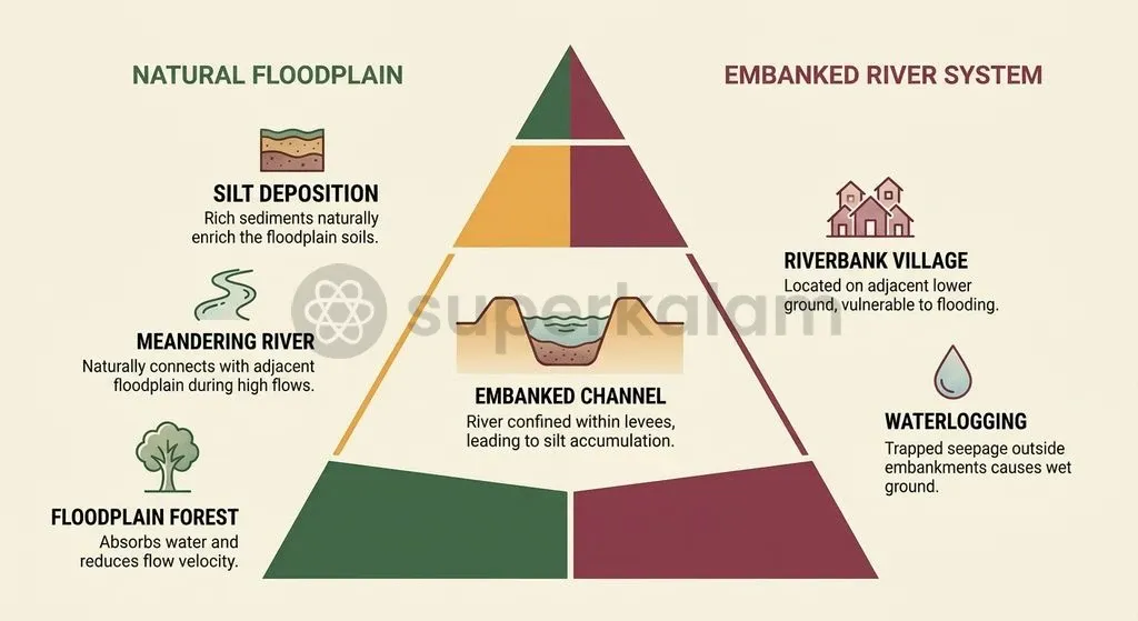 Embankment confinement prevents natural silt dispersion, causing riverbeds to rise several feet above the surrounding countryside and worsening breach impacts.