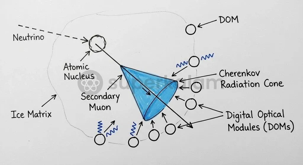 Neutrinos travel in straight paths across cosmic space, occasionally interacting in dense, transparent media to produce Cherenkov light.