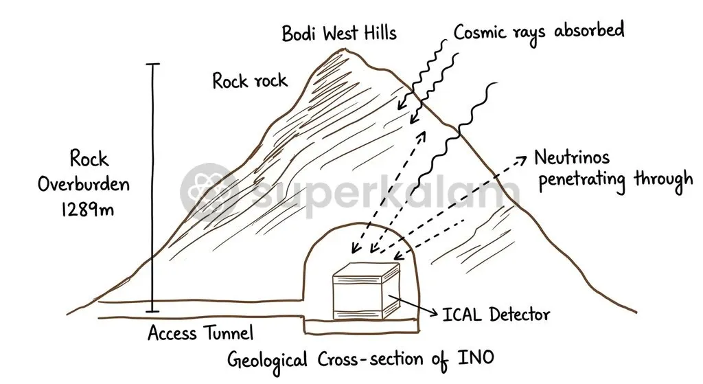 The proposed INO facility under the Bodi West Hills features a 1,289-metre rock overburden to shield the 50-kiloton magnetized ICAL detector.