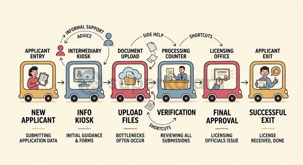 Informal brokerage networks adapt to digital transitions by converting physical touting into commercial service kiosks.