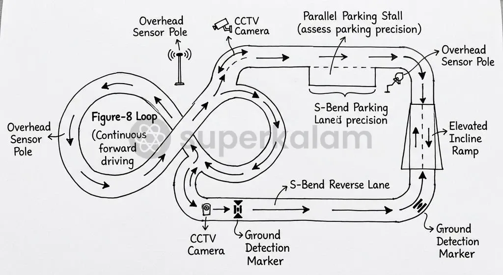 Automated driving test tracks utilise overhead cameras and ground sensors to assess vehicle parking and turning precision.