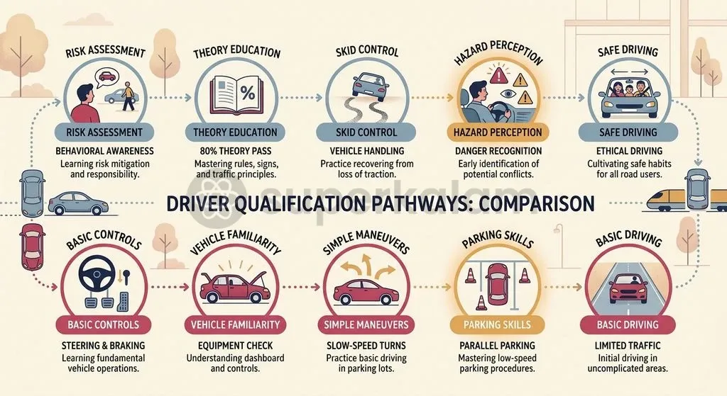 Comprehensive driver education models incorporate multi-stage hazard perception and skid management before licensing.