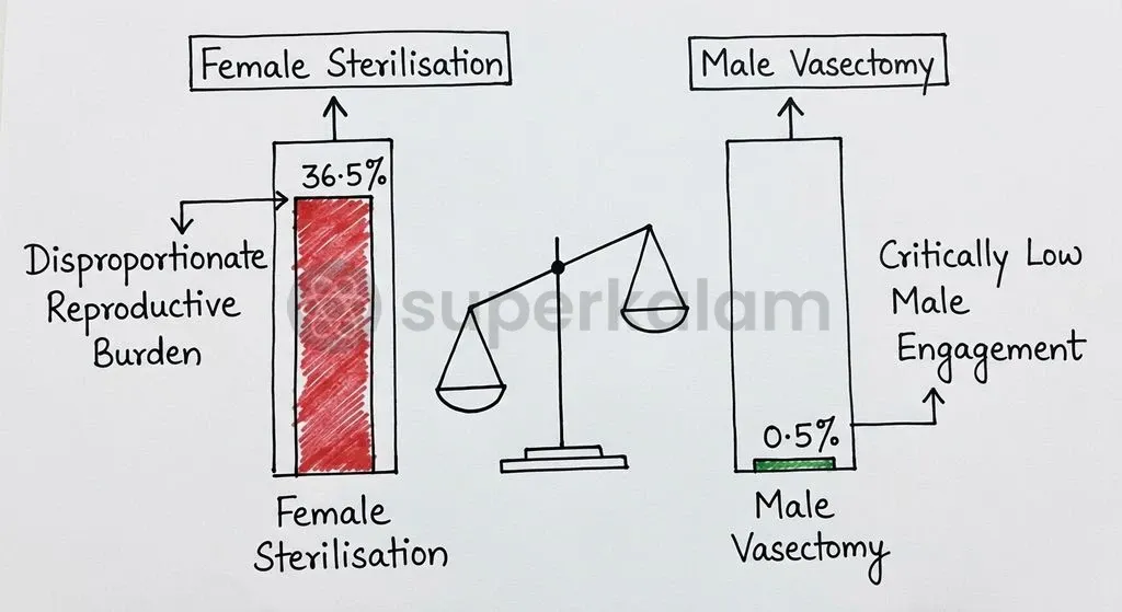Female sterilisation accounts for 36.5% of family planning use, contrasting sharply with male sterilisation at just 0.5%.