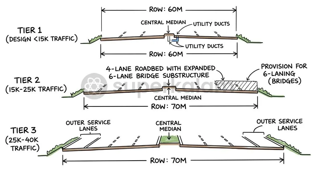 NHAI's new design standards mandate 60-metre and 70-metre Rights-of-Way to allow modular structural expansion from four to six lanes as traffic volumes increase.