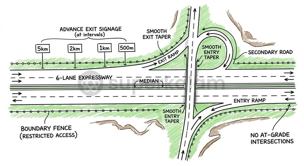 Grade-separated interchanges and continuous perimeter fencing eliminate surface friction, preventing accidents and sustaining freight transit speeds of 80 to 100 km/h.
