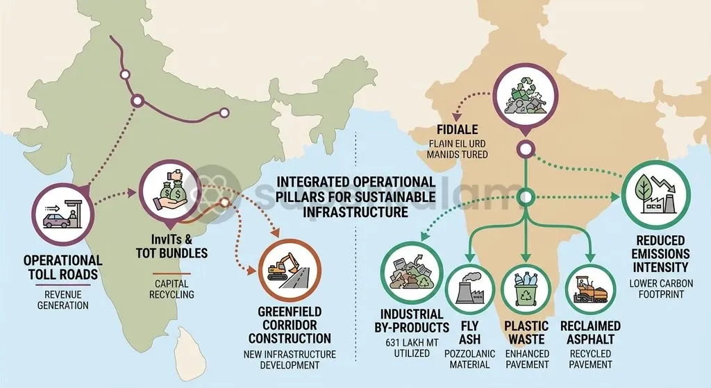 NHAI is shifting toward asset monetisation via InvITs and TOT concessions while scaling the use of recycled industrial by-products in highway construction.