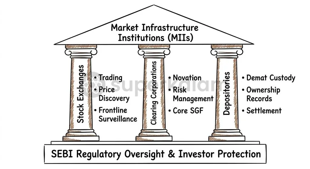 The three institutional pillars of MIIs ensure continuous trade execution, counterparty risk settlement, and secure asset custody.