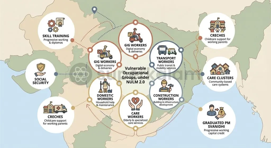 NULM 2.0 reorganises urban poverty alleviation around six distinct informal occupational groups and dedicated social infrastructure.