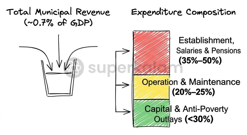 Structural revenue stagnation and inflexible establishment expenditures leave municipal bodies with limited fiscal room for local poverty alleviation.