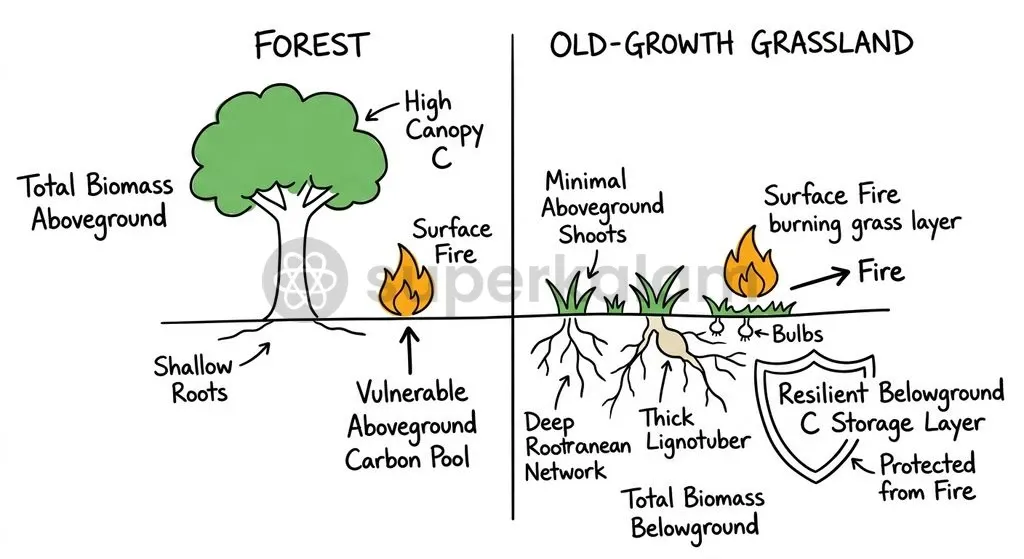 Grasslands store up to 90% of their carbon in deep subterranean root systems, insulating soil carbon from surface wildfires.
