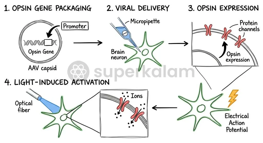 The optogenetic workflow delivers microbial opsin genes into specific neurons via viral vectors for targeted optical activation.