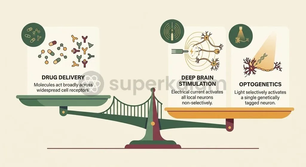 Unlike diffuse drugs or indiscriminate electrical stimulation, optogenetics isolates specific neuronal subtypes without collateral activation.