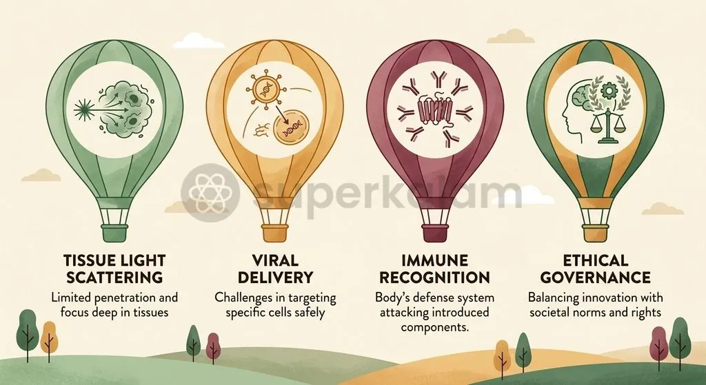Overcoming biophysical light attenuation, foreign opsin immunogenicity, and neuroethical challenges is critical for clinical translation.