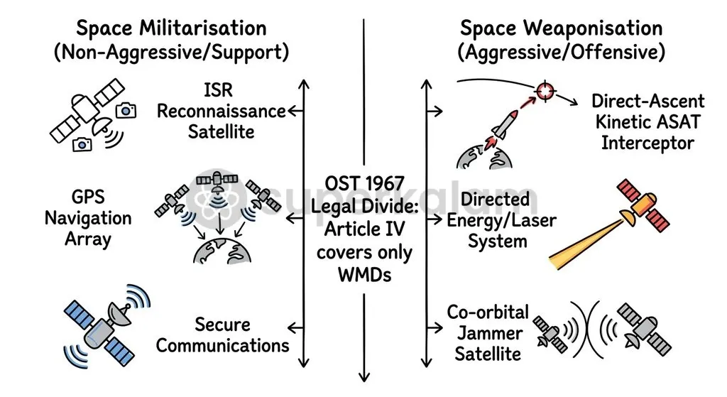 Militarisation provides vital operational intelligence for terrestrial forces, whereas weaponisation introduces direct combat and kinetic destruction to orbit.
