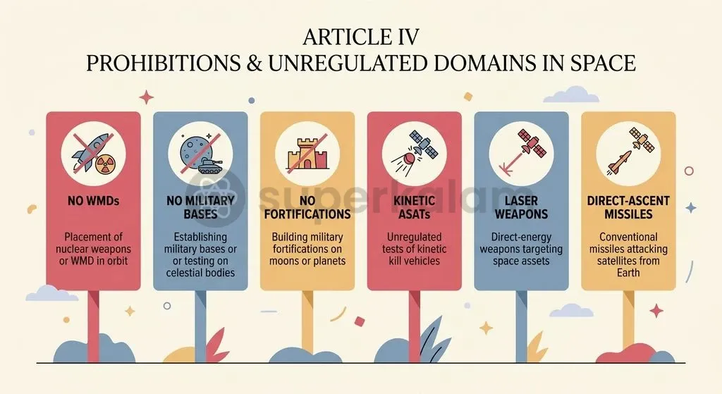 Article IV bans weapons of mass destruction from orbit while remaining silent on conventional interceptors and terrestrial missile strikes.