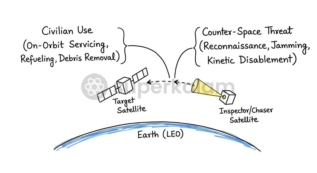 Co-orbital proximity manoeuvres possess dual-use utility, capable of repairing friendly satellites or disrupting adversarial hardware.