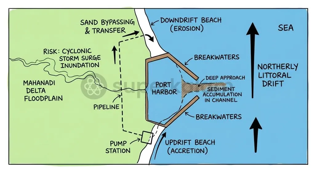 Dynamic littoral drift and cyclonic storm surges demand continuous dredging and robust coastal protection at Paradip.
