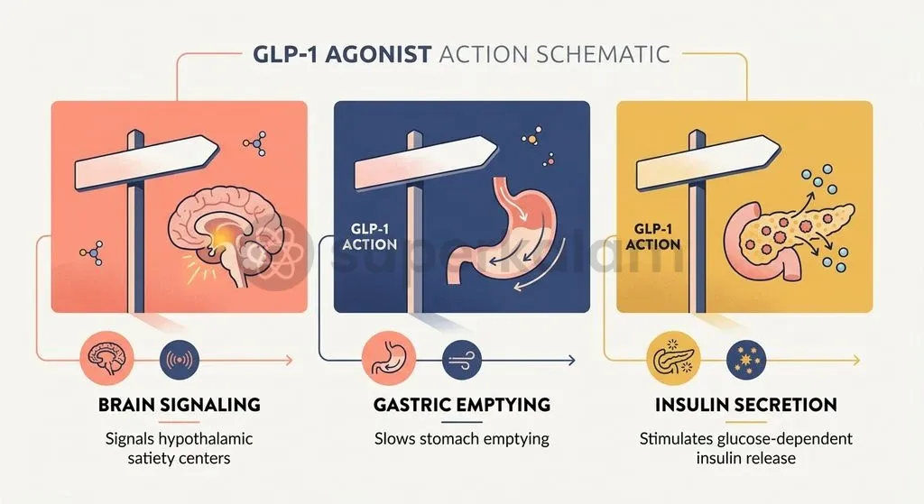 GLP-1 receptor agonists regulate systemic energy intake through coordinated central appetite suppression and peripheral metabolic mechanisms.