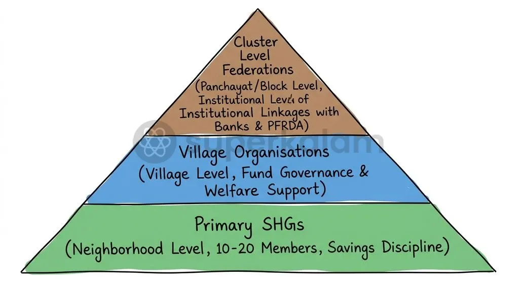 DAY-NRLM's federated institutional structure mobilises over 8.7 crore women across 81 lakh SHGs, forming the social backbone for pension delivery.