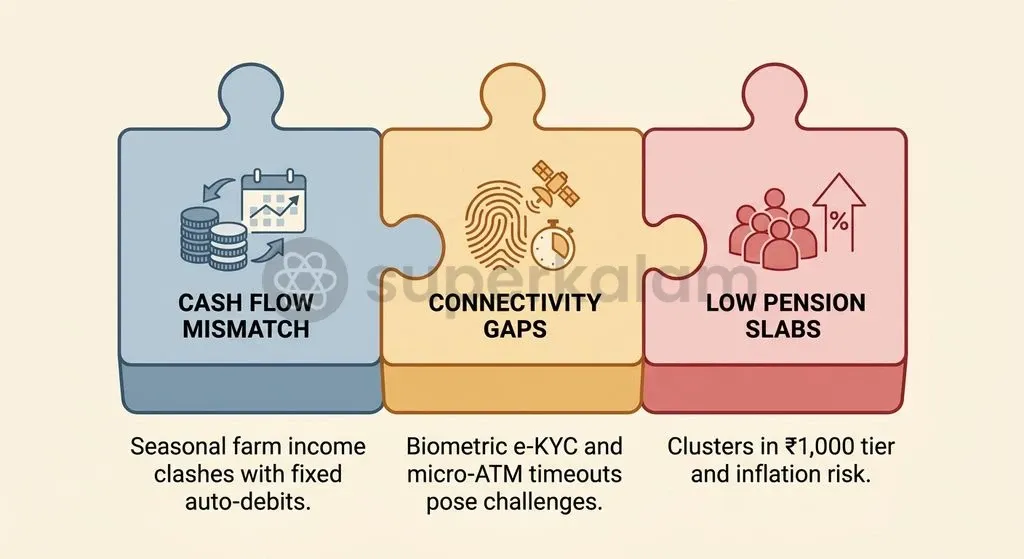 Addressing structural bottlenecks such as rigid monthly auto-debits and telecom disruptions is critical for the sustainability of rural pension schemes.