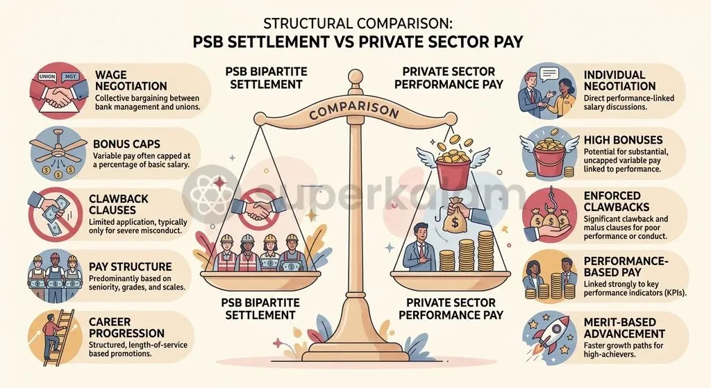 Public sector compensation relies on collective bipartite settlements, whereas private banks structure pay around individual performance scorecards.