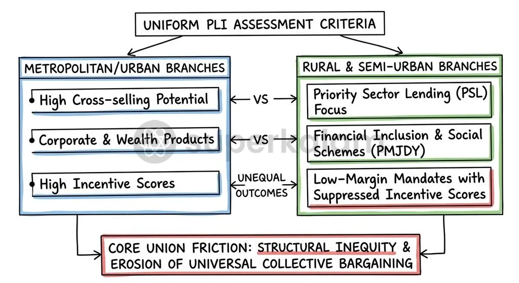 Bank unions argue that uniform performance benchmarks disadvantage rural branches with high financial inclusion mandates.