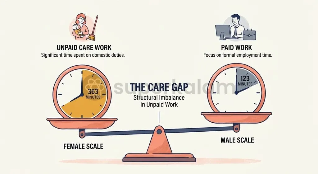 Data from MoSPI's Time Use Survey framework highlights a stark gender divide, with women spending roughly six hours daily on unpaid care and domestic responsibilities.